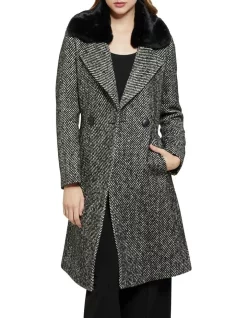 Discount 👍 Oxford Fallon Wool Fur Collar 🧥 Coat In Black ⭐