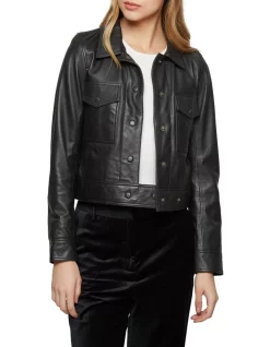 Cheapest 🛒 Oxford Emmy Crop Leather Jacket Black 🧨