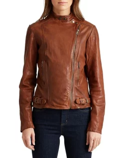 Cheap 😍 Lauren Ralph Lauren Burnished Leather Moto Jacket Brown ⭐
