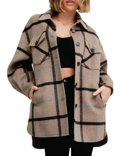 Outlet 🔥 Belle & Bloom River's Edge Plaid Shacket In Oatmeal Brown ❤️